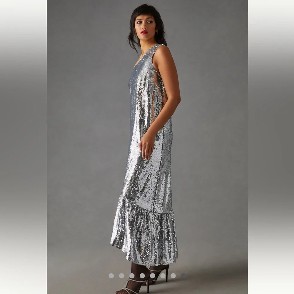 Maeve one shoulder silver sequin midi dress anthropologie sz large new nwt ✨ - Picture 9 of 14